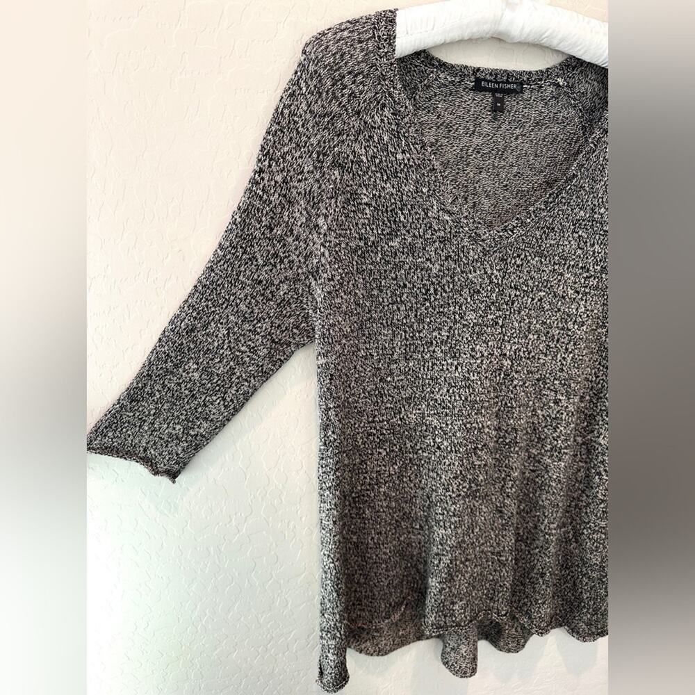 EILEEN FISHER | Wool Linen Knit Tunic Sweater Black Ivory | Size Medium - Picture 3 of 7